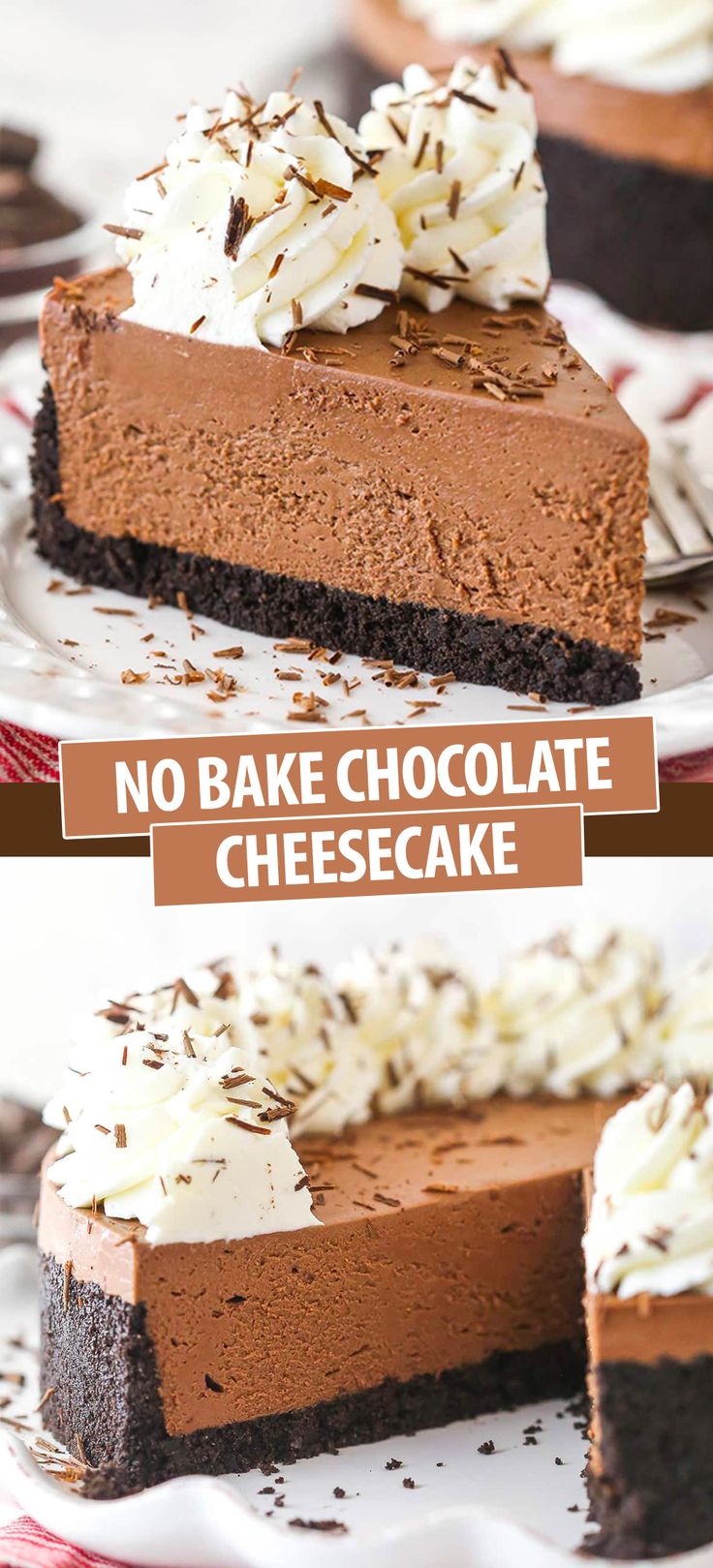 no bake chocolate cheesecake with whipped cream on top