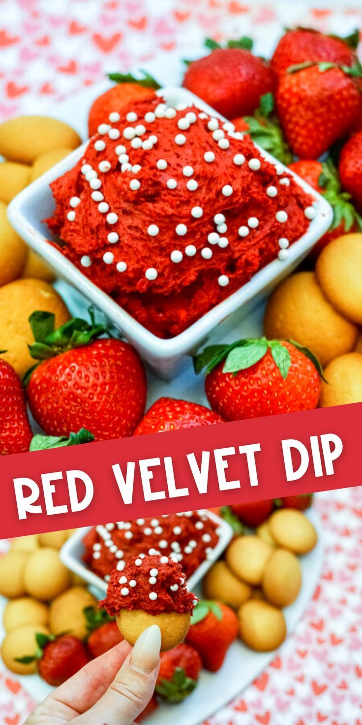 red velvet dip on a plate with strawberries and lemons