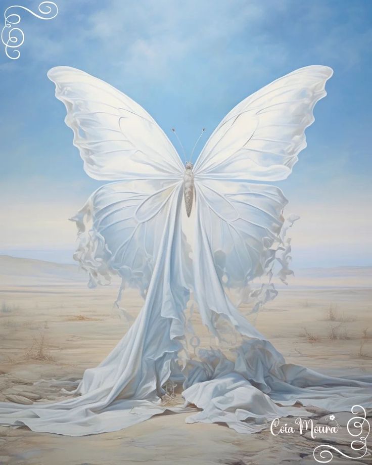 a painting of a white butterfly with wings spread out in the air, surrounded by sand and blue sky