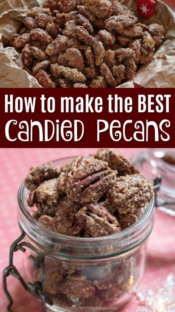 the best candied pecans recipe is in a glass jar on a pink tablecloth