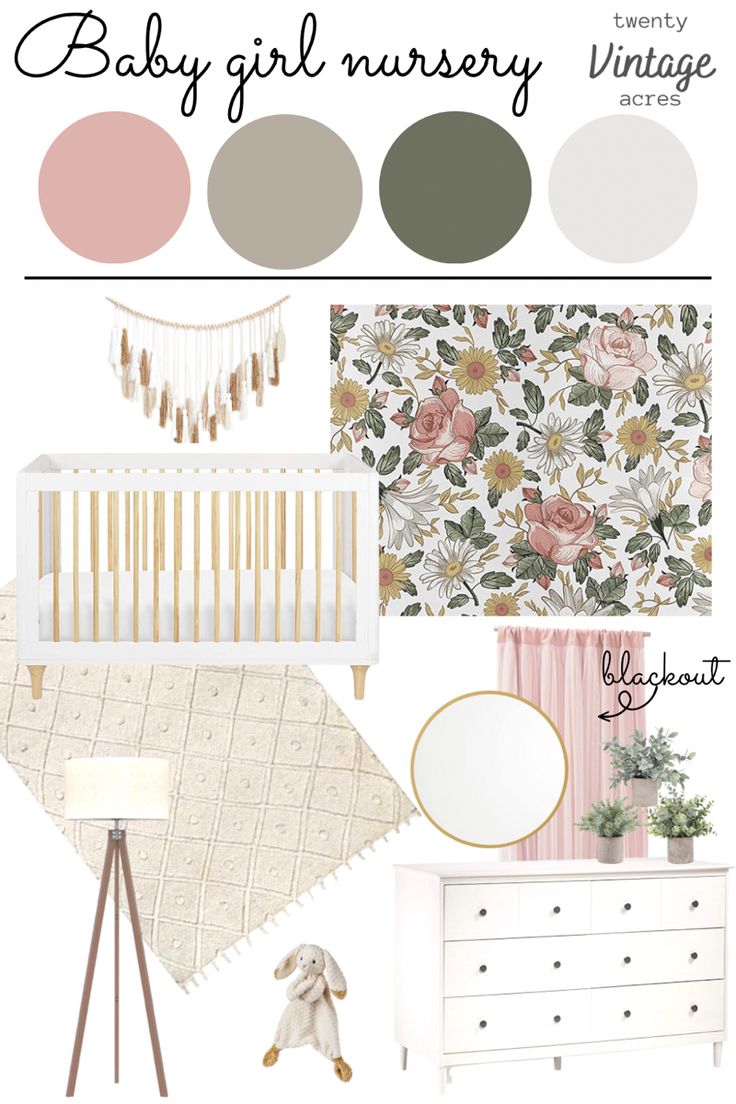 a baby girl nursery room with pink, green and white accessories including a crib