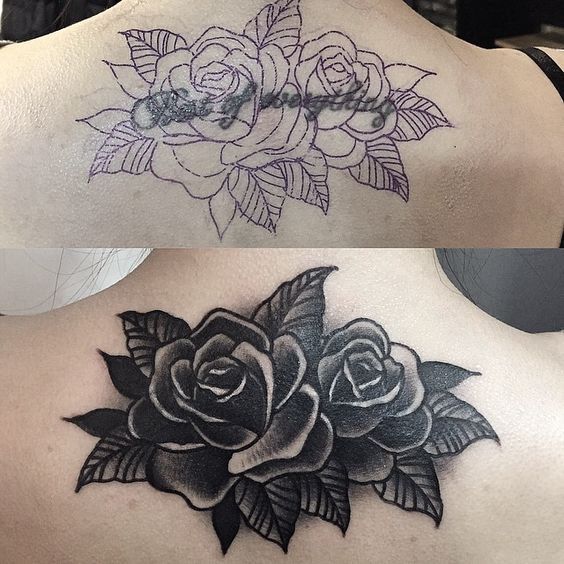 two different pictures of a woman's back with roses on it