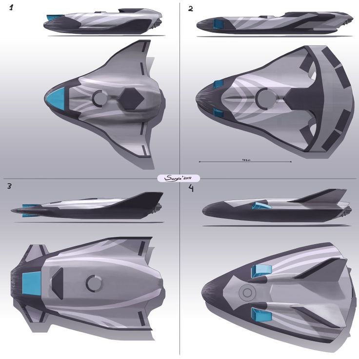 the design process for a futuristic vehicle is shown in blue and gray colors, with different angles