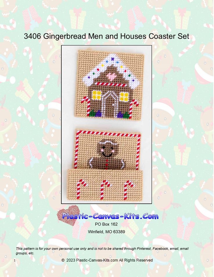 the gingerbread man and house coaster set is shown in cross - stitch with an ornament