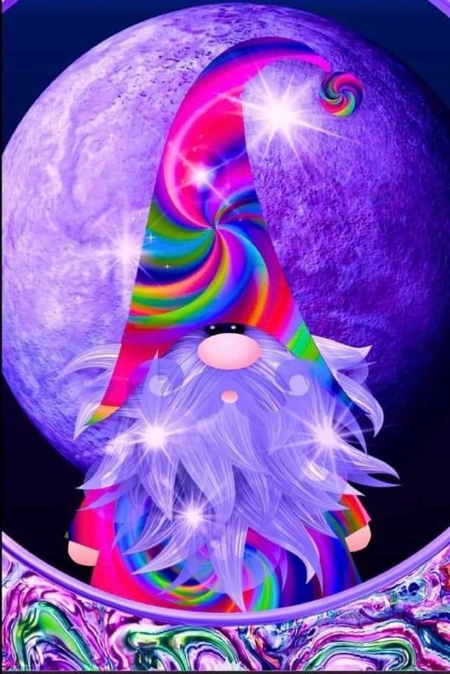 an image of a colorful gnome sitting in front of a purple moon and blue sky