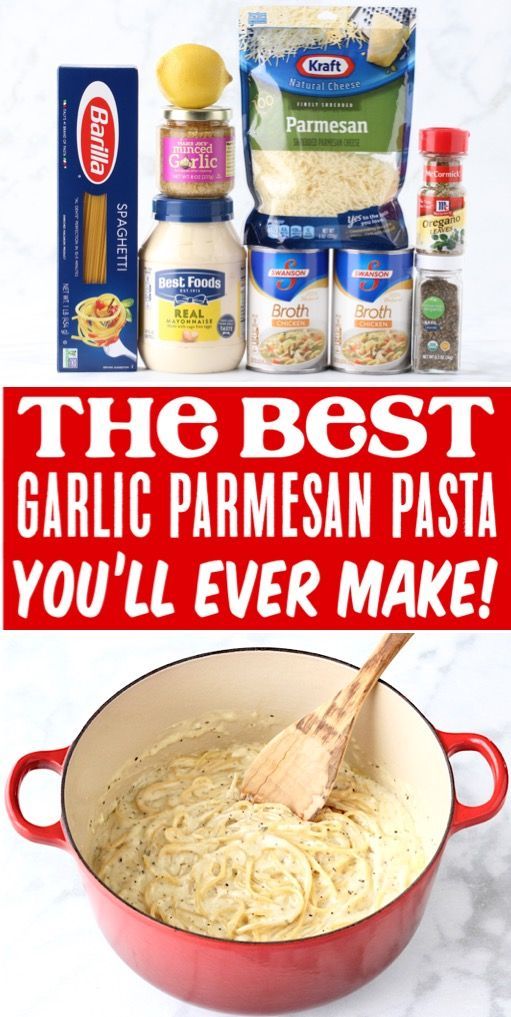 the best garlic parmesan pasta you'll ever make is in a red pan