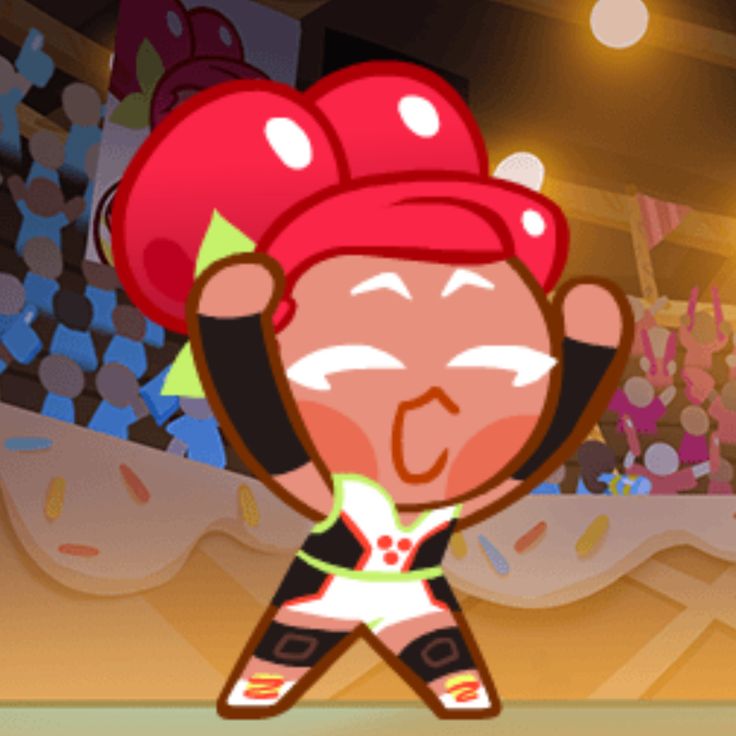 a cartoon character with a red hat and white shirt is standing in front of an audience