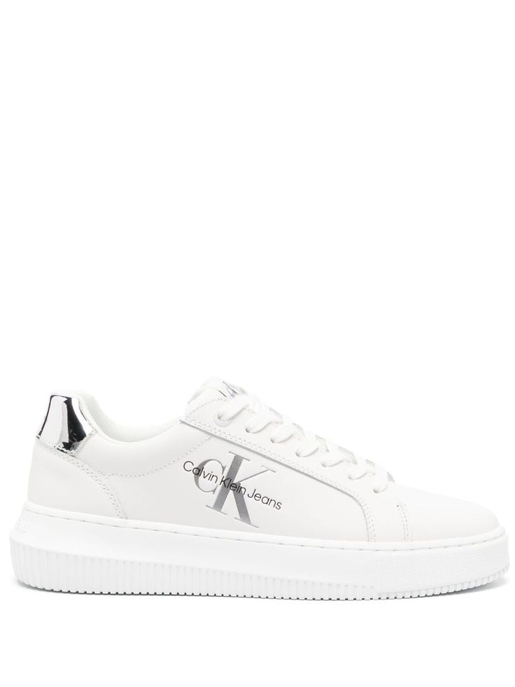 optical white/silver-tone calf leather logo print to the side contrasting branded heel counter logo patch at the tongue branded insole tonal stitching round toe front lace-up fastening flat rubber sole Tone Calves, Versace Outfit, Iconic Bags, Boots And Sneakers, Flat Boots, Leather Logo, Ballet Flat Shoes, Pump Sandals, Ski Wear