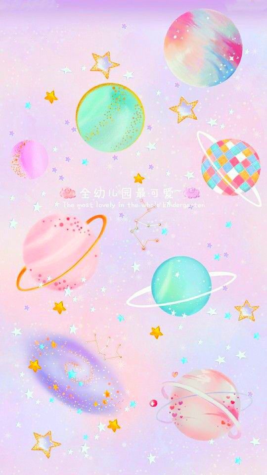 an image of the planets and stars in pastel pink, blue, yellow and green