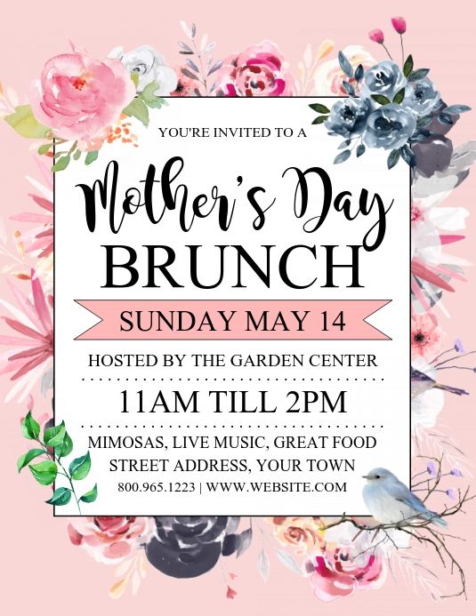 the mother's day brunch flyer is shown with flowers and birds on it