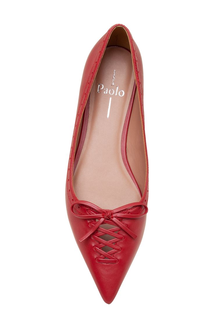 Decorative lacing and a bow detail highlight the pointy toe of this sleek, lightly cushioned flat. Slip-resistant rubber sole Cushioned footbed Leather upper/synthetic lining/rubber sole Imported Pointed Toe Synthetic Ballet Flats With Rubber Sole, Synthetic Pointed Toe Ballet Flats With Rubber Sole, Casual Flats With Bow And Pointed Toe, Formal Pointed Toe Flats With Red Sole, Spring Leather Flats With Laces, Chic Round Toe Flats With Laces, Red Flats With Leather Sole And Low Heel, Spring Workwear Flats With Red Sole, Red Ballet Flats For Work