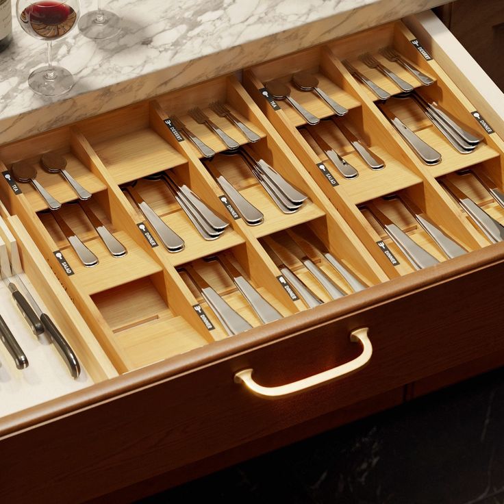 an open drawer with silverware and utensils in it on a marble counter top