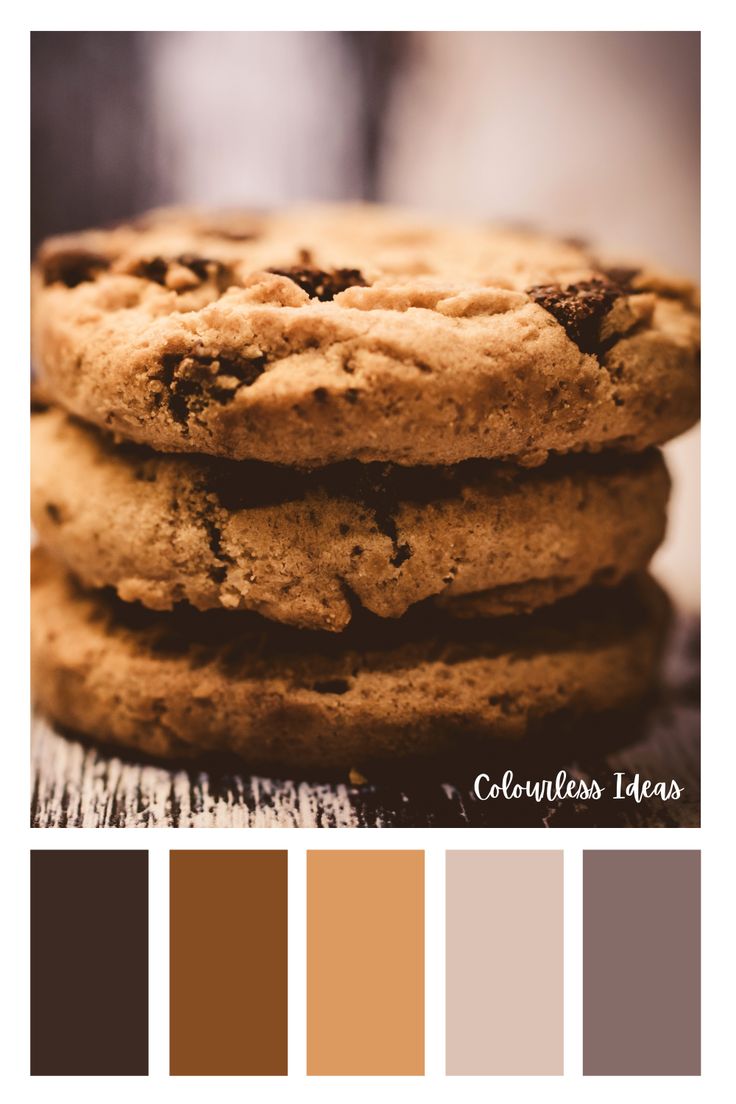 chocolate chip cookies are stacked on top of each other, with the color scheme below