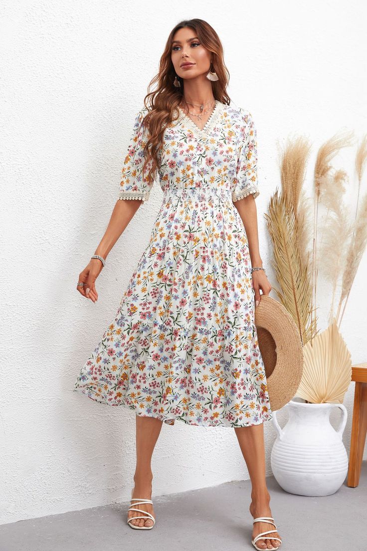 Women Dress Best Short Sleeve Printed Dress – Cloth Arlo Fitted V-neck Chiffon Summer Dress, Summer Fitted Chiffon V-neck Dress, Elegant V-neck Midi Dress With Ditsy Floral Print, Floral Print Short Sleeve V-neck Dress For Day Out, White V-neck Dress For Spring Garden Party, Spring A-line Flowy Midi Dress, White V-neck Dress For Garden Party In Spring, Floral Print Sundress V-neck For Day Out, Spring Garden Party V-neck Maxi Dress