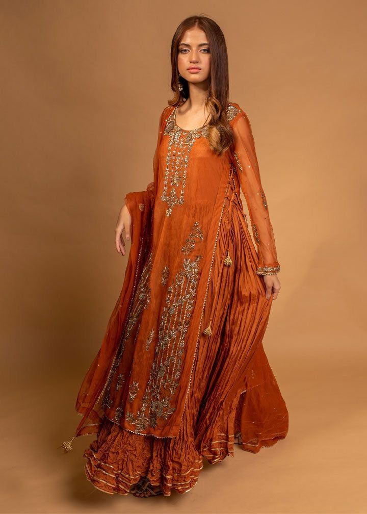 Orange Colour Dress Design, Crushed Silk Dress, Burnt Orange Pakistani Outfit, Crushed Fabric Dress Indian, Net Sleeves Designs For Dresses, Crushed Fabric Dress, Orange Colour Dress, Silk Dress Design, Desi Dress