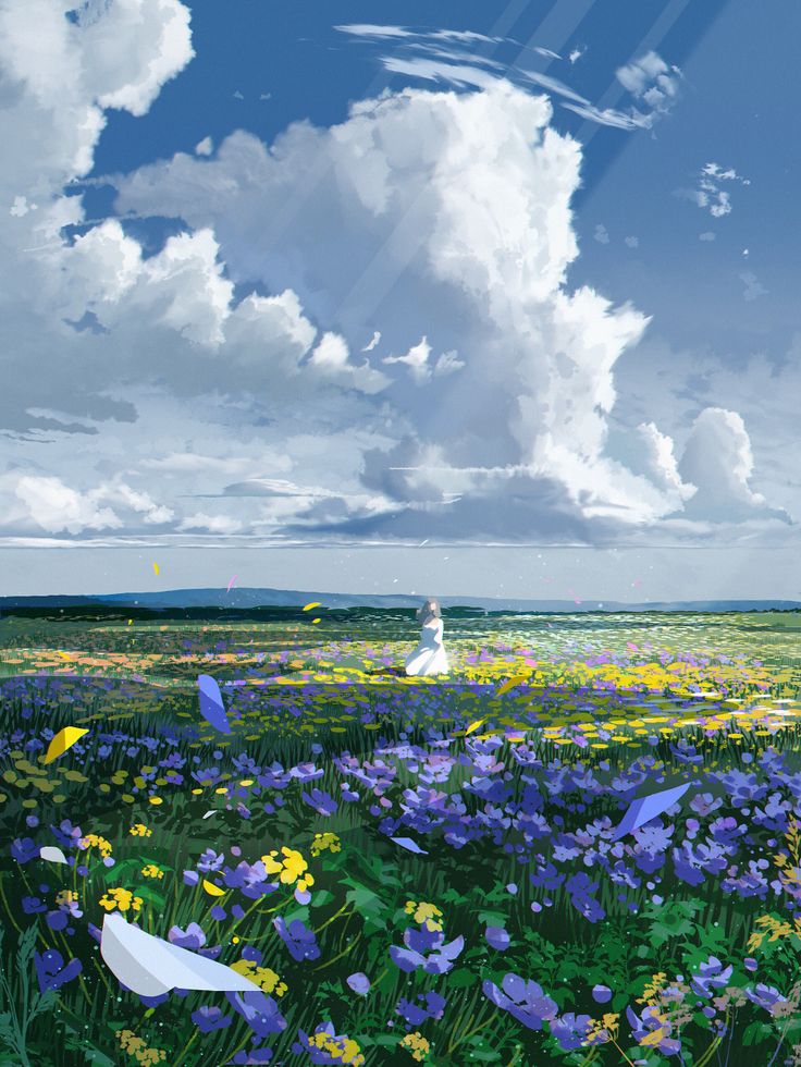 a field full of blue and yellow flowers under a cloudy sky with white puffy clouds