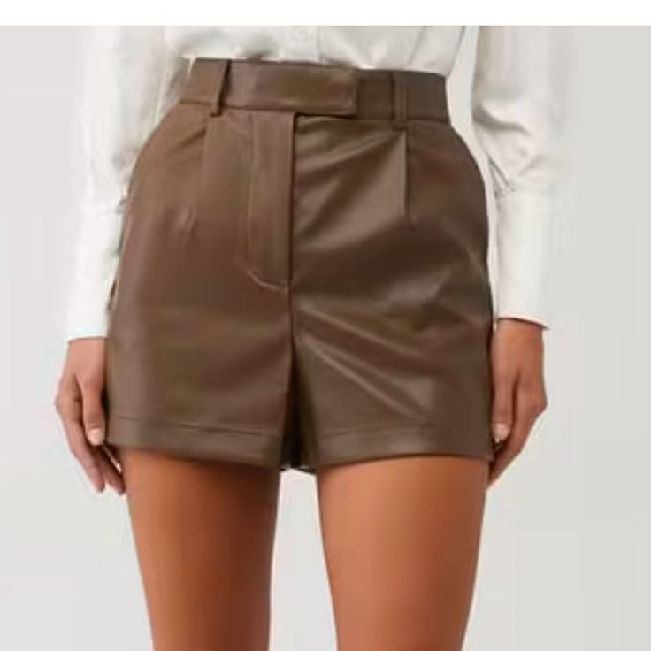 Brand New, Never Worn Imelda Shorts In Brown Chic High Waist Leather Shorts, Chic High-waist Leather Shorts, Elegant Leather Shorts, Chic Leather High-waisted Shorts, Brown Faux Leather Short Bottoms, Chic Shorts For Office Wear, Elegant Short Leather Bottoms, Chic Leather Shorts With Pockets, Chic Faux Leather Shorts With Belt Loops