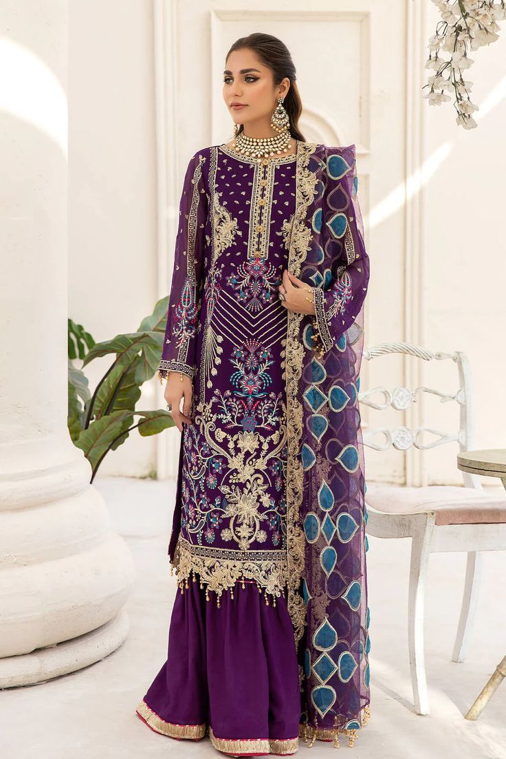 Luxury Purple Embroidered Pakistani Salwar Kameez Dupatta Salwar Suit Readymade Saree, Pakistani Salwar Kameez, Chiffon Collection, Embroidered Chiffon, Embroidered Organza, Organza Dupatta, Organza Fabric, Purple Fabric, Clothing Websites