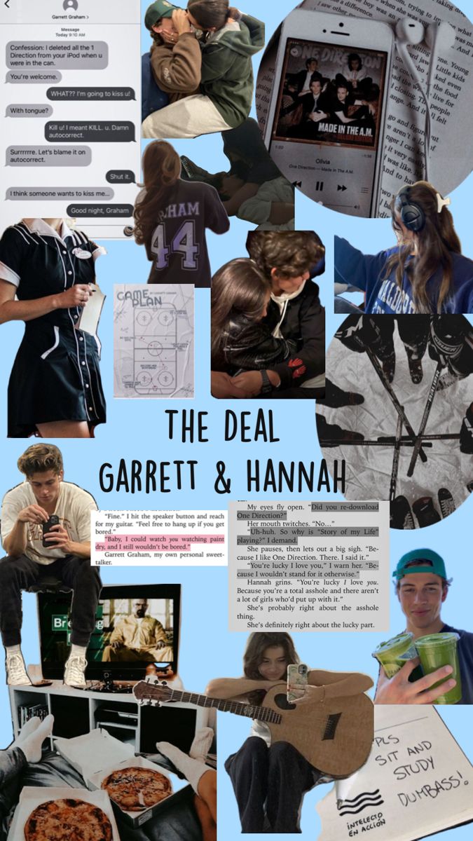 a collage of photos with people and text on them that says the deal garrett & hannah