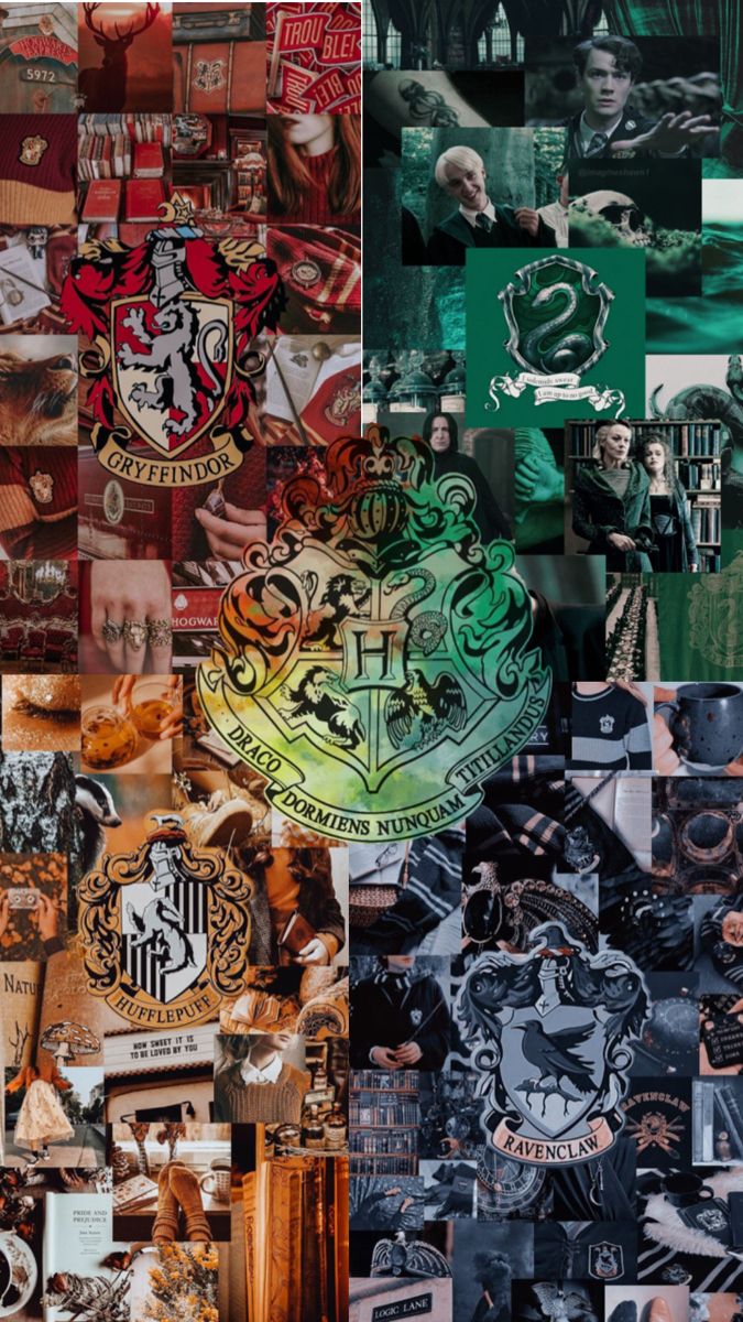 harry potter collage with hogwart's crests