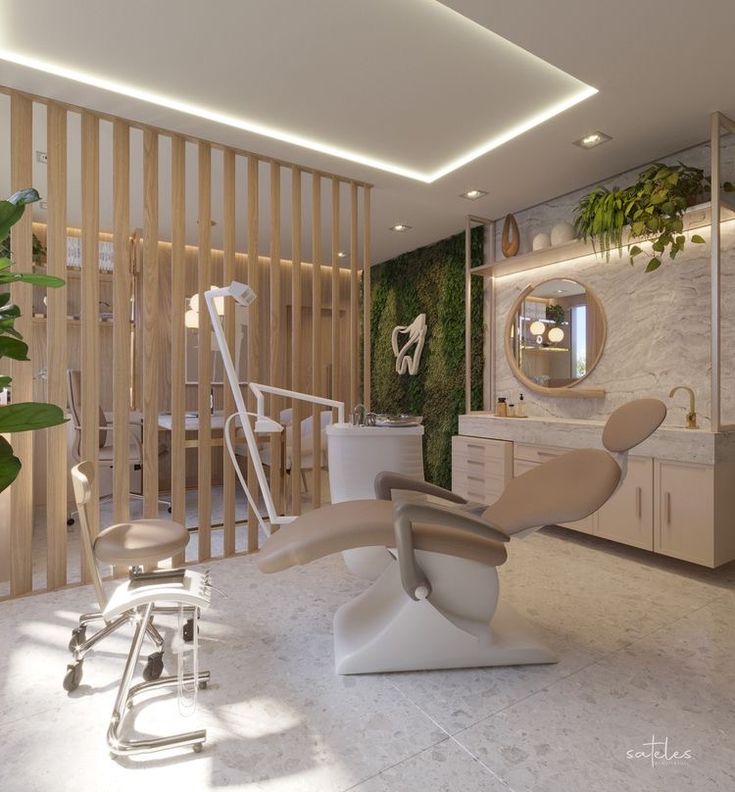 a modern dental office with plants growing on the wall and wooden slats in the background