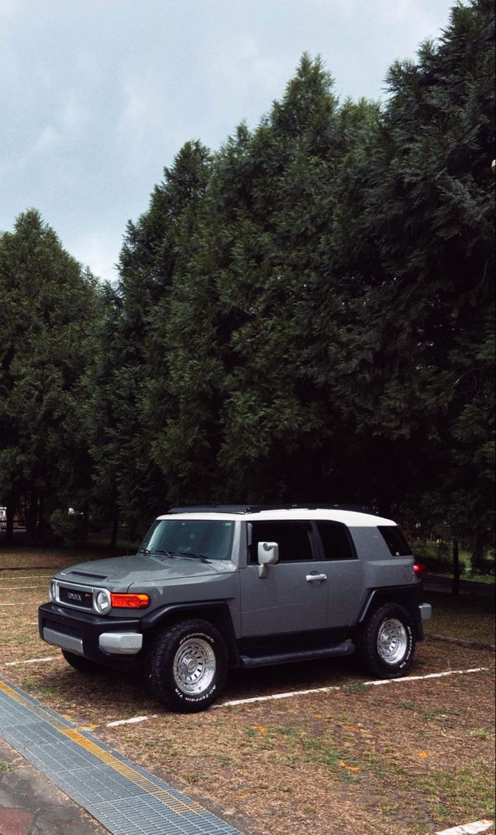 an suv parked in a parking lot next to trees