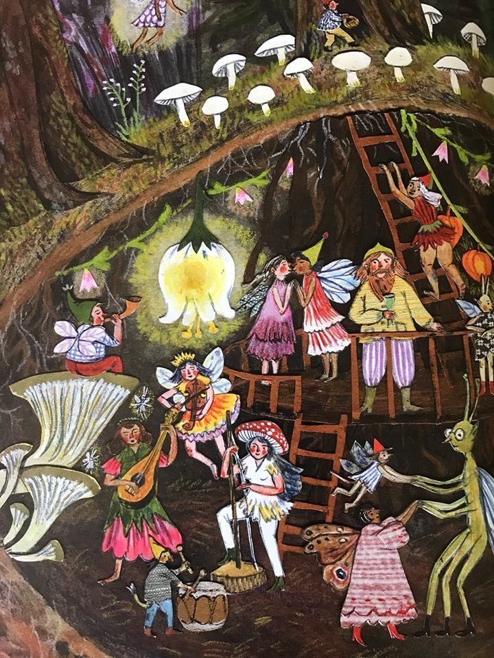 a painting of people in the woods with trees and mushrooms above them, surrounded by other figures