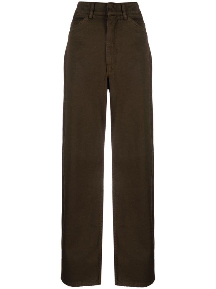 coffee brown cotton wide leg belt loops concealed front button fastening two front welt pockets two rear patch pockets Brown Straight Leg Pants, France Style, Christophe Lemaire, Jeans Brown, Brown Jeans, Leg Belt, Coffee Brown, Summer Beach Wear, Wide Leg Denim