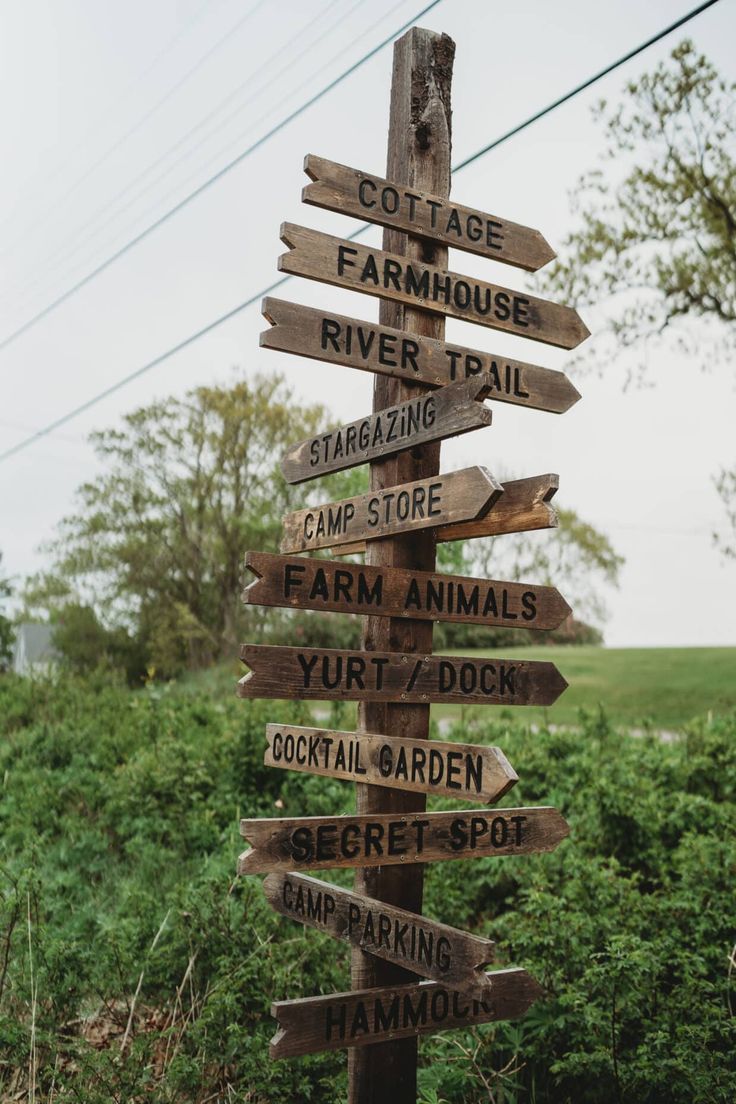 a wooden pole with many signs on it