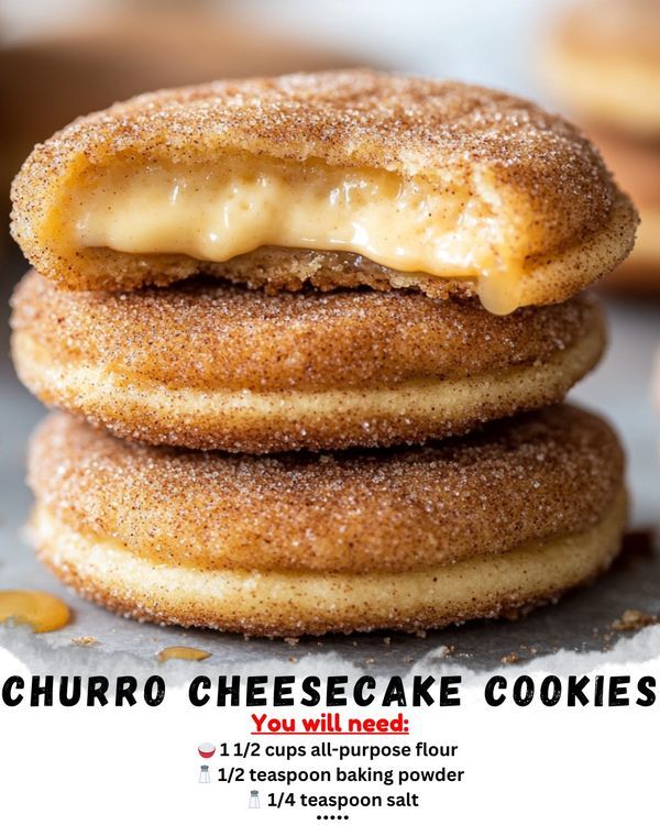 three cheesecake cookies stacked on top of each other with the words churro cheesecake cookies below