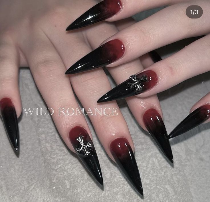 Red And Black Vampire Nails, Black Gothic Nail Designs, Black Nails With Red French Tip, Nails Gothic Ideas, Gothic Red Nails, Black Red Nails Design, Red Gothic Nails, Vampire Nails Designs, Romantic Goth Nails