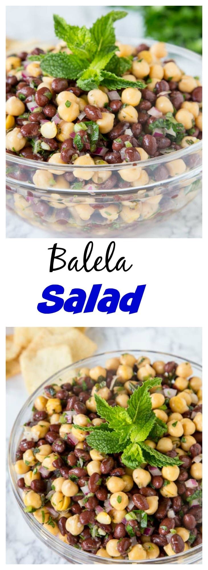 two pictures of black - eyed beans with mint garnish and the words balella salad