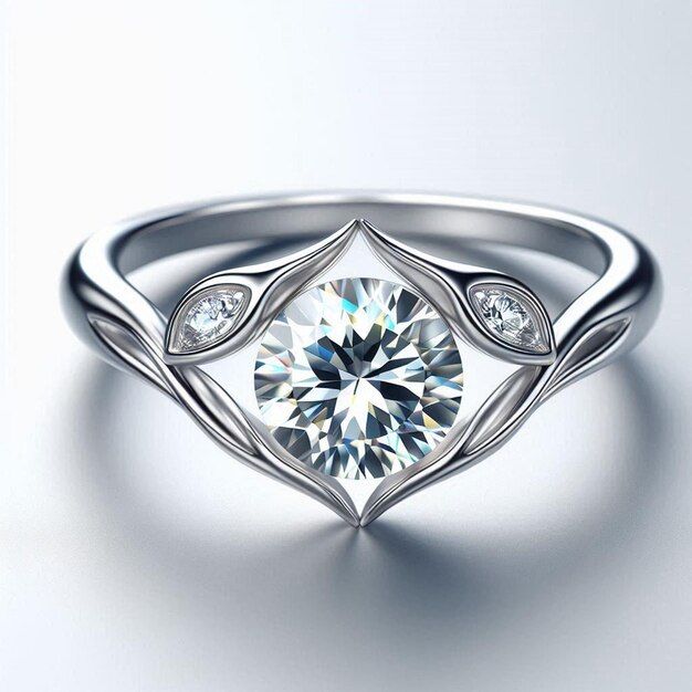 a white gold ring with a diamond in the center and two diamonds on each side