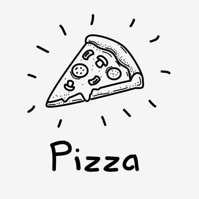 a black and white drawing of a slice of pizza with the word pizza on it