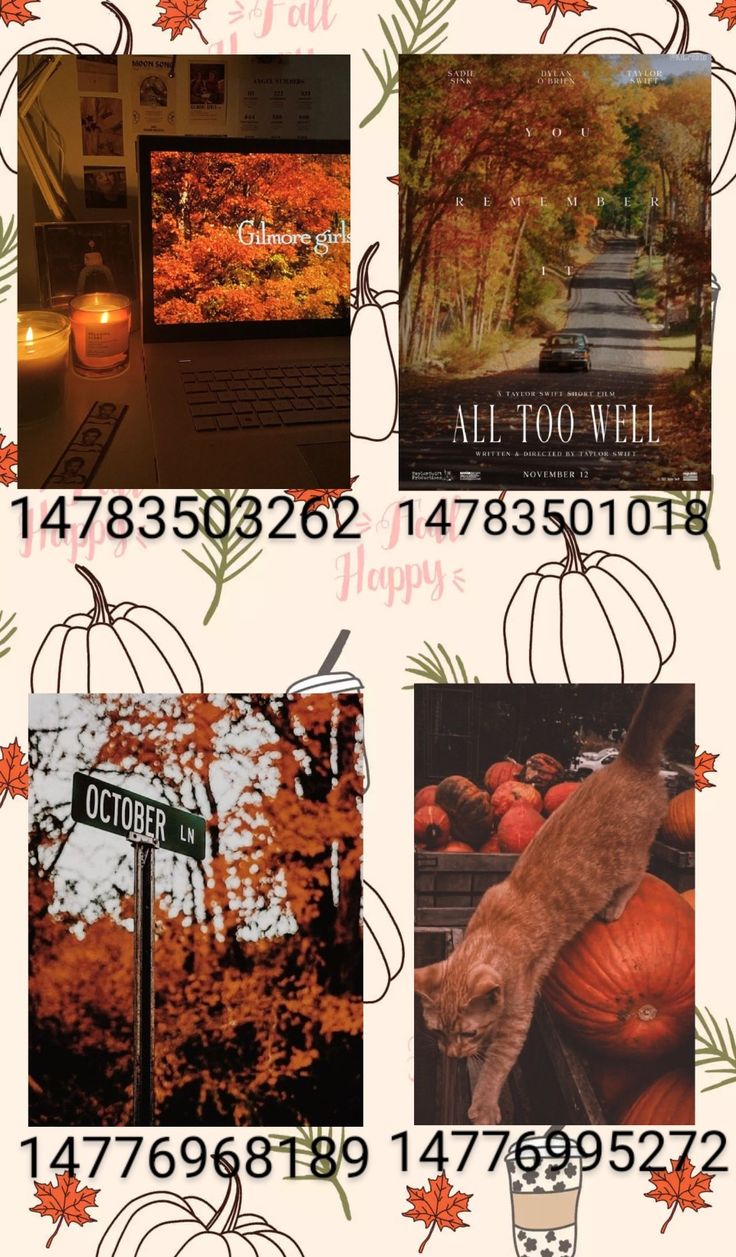 a collage of pictures with pumpkins and trees in the background, including a street sign