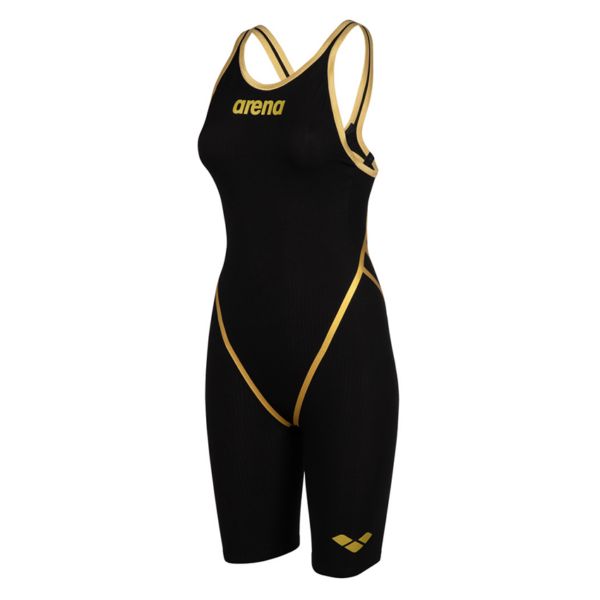 a women's black and gold swimsuit with the word arena written on it