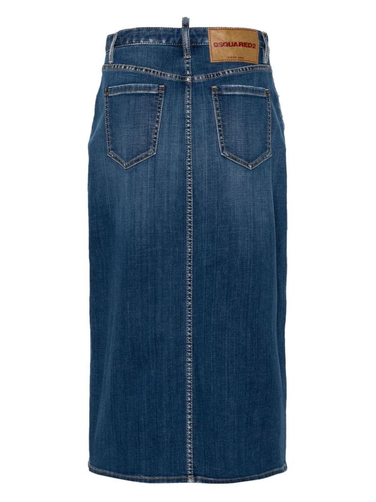 DSQUARED2 med-length Denim Skirt - Farfetch Classic Mid-rise Denim Blue Denim Skirt, Classic Mid-rise Denim Blue Skirt, Classic Denim Blue Denim Skirt, Classic Medium Wash Mid-rise Denim Skirt, Classic Mid-rise Medium Wash Denim Skirt, Dark Wash Denim Skirt With Five Pockets, Denim Skirt Black, Yoko London, Exclusive Fashion