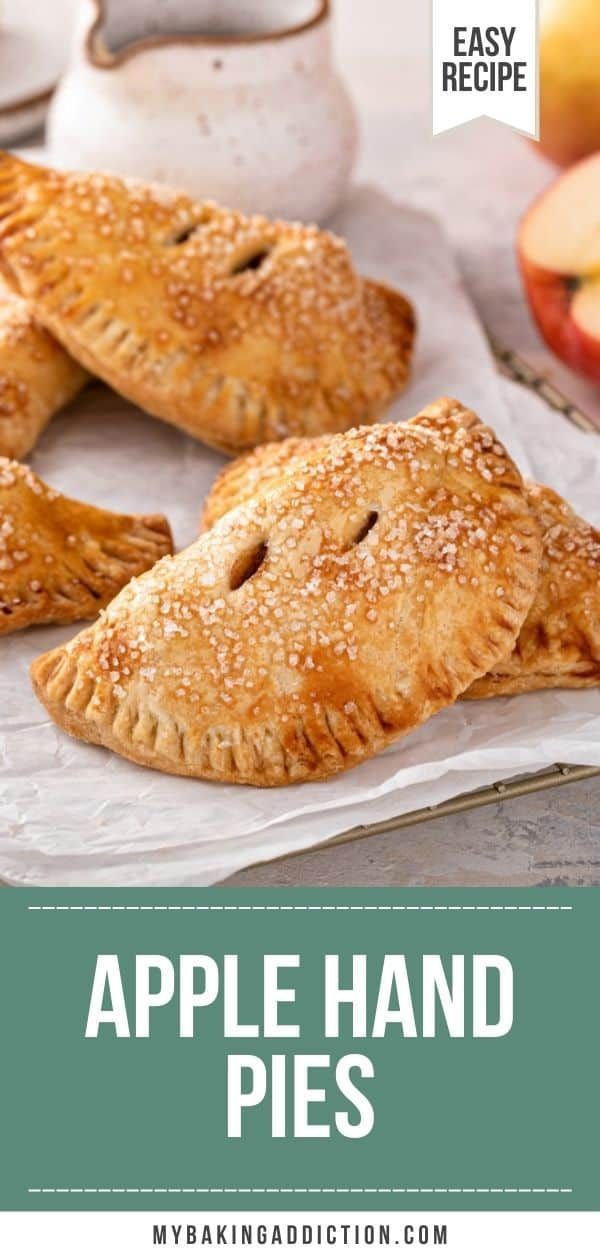 apple hand pies with apples in the background and text overlay that reads easy recipe