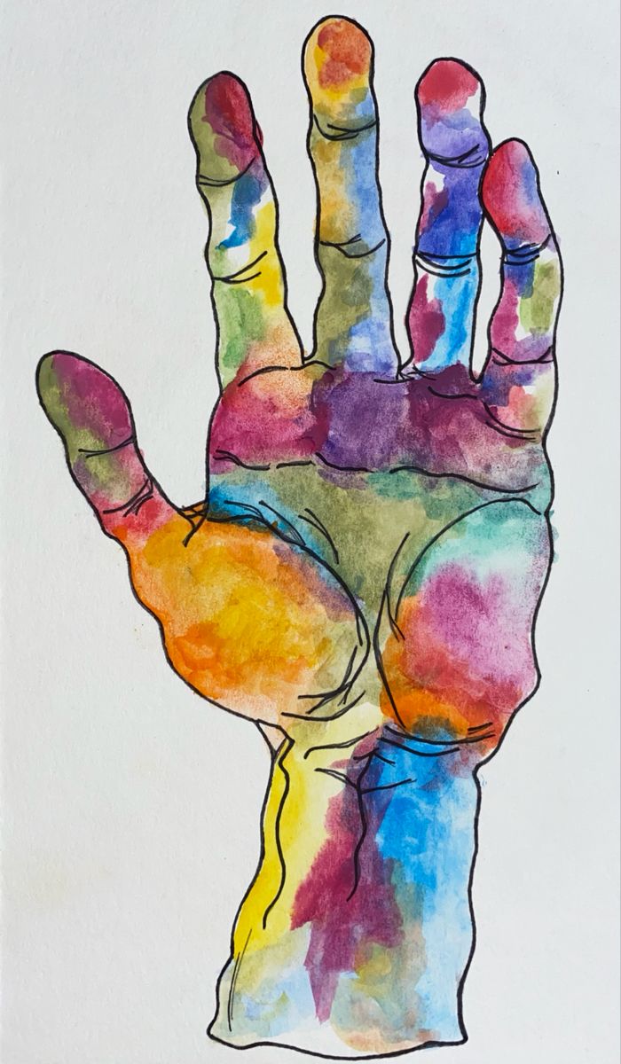 a drawing of a hand painted with multicolors