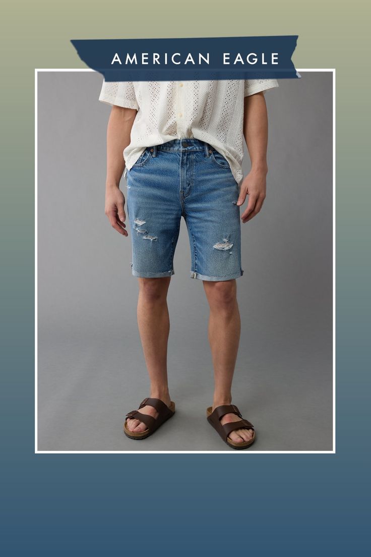 EasyFlex/The authentic denim look you want with just enough flex for all-day comfort./Comfortable and never loses its shape/Medium wash/Ripped/Cuffed hem Casual Light Wash Stretch Jean Shorts, Casual Stretch Distressed Bottoms, Casual Stretch Cutoff Jeans, Summer Distressed Recycled Denim Bottoms, Casual Relaxed Fit Denim Jean Shorts, Casual Medium Wash Recycled Denim Jean Shorts, Casual Ripped Medium Wash Jean Shorts, Casual Distressed Stretch Jean Shorts, Casual Stretch Distressed Jean Shorts