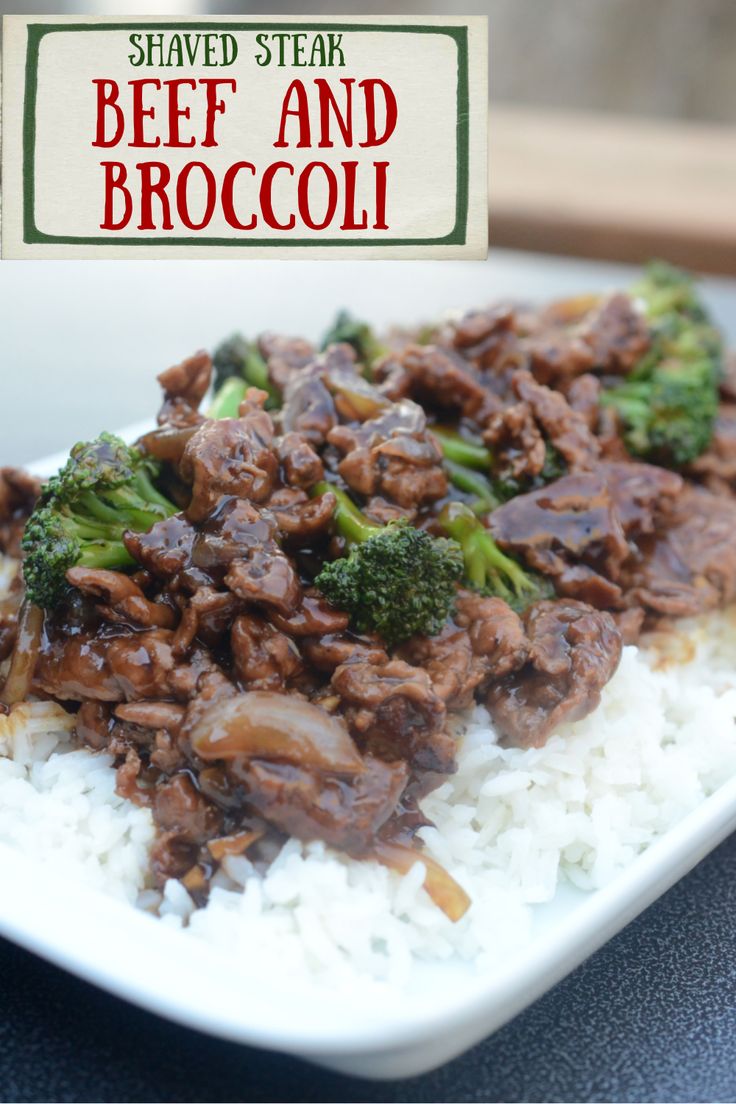 the beef and broccoli dish is served on rice with a label that says, shaved steak beef and broccoli