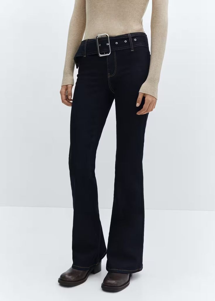 Flared jeans with belt - Women | Mango USA Modern Flare Jeans For Workwear With Belt Loops, Chic Flare Jeans With Belt Loops For Fall, Chic Fall Flare Jeans With Belt Loops, Modern Flare Jeans With Belt Loops For Fall, Dark Wash Flare Jeans With Belt Loops For Work, High Waist Belted Jeans For Work, Chic High Waist Belted Jeans, Chic High Rise Belted Jeans, Chic High-rise Belted Jeans