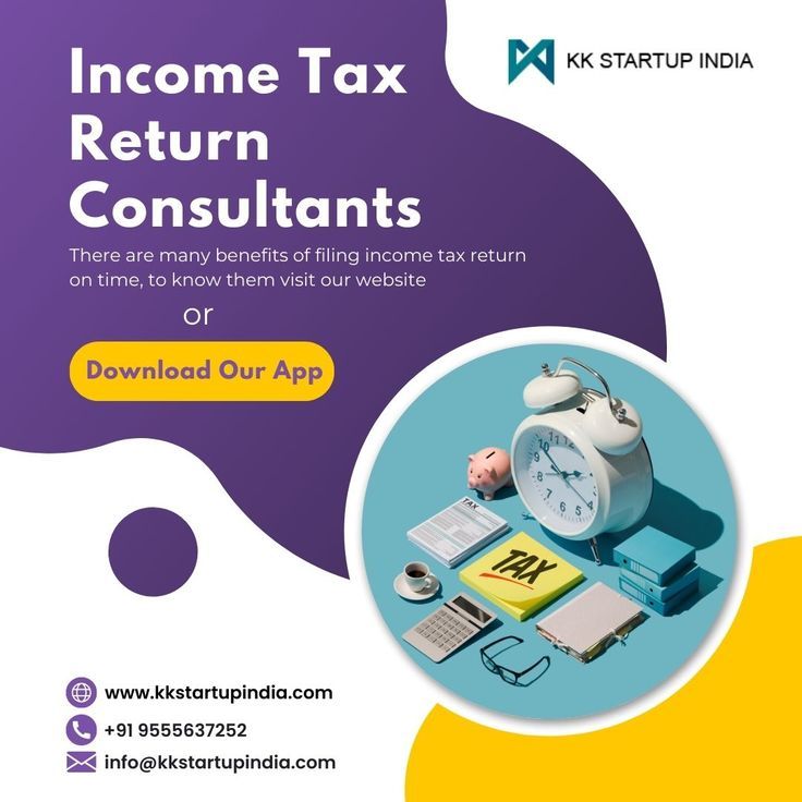 an advertisement for the tax return consultants website, with a clock and papers on it