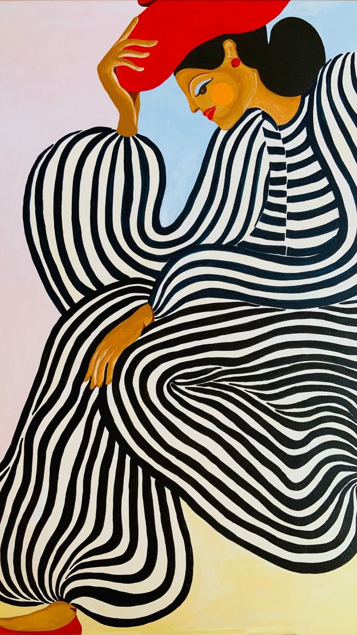 Bold, undulating black and white stripes contrast pastel shades of pink, blue, yellow background. A woman rests with her head in hand. Art Deco Paintings, Abstract Portrait Painting, Contemporary Art Painting, Abstract Portrait, Diy Art Painting, Art Movement, Art Moderne, Art Abstrait, Modern Painting