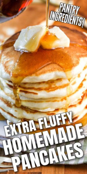 a stack of pancakes with syrup being drizzled on top and the words extra fluffy homemade pancakes