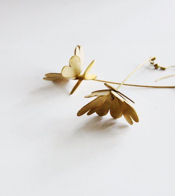 Golden Flowers and leafs - Hand Craft Earrings Handmade Yellow Gold Flower Shaped Earrings, Gold Petal Flower Earrings For Gifts, Brass Drop Earrings With Flower Charm, Gold Brass Flower-shaped Earrings, Handmade Gold Petal-shaped Jewelry, Gold Flower Earrings, Nature-inspired, Nature-inspired Gold Flower Earrings, Brass Flower-shaped Earrings, Yellow Gold Brass Flower Earrings For Pierced Ears