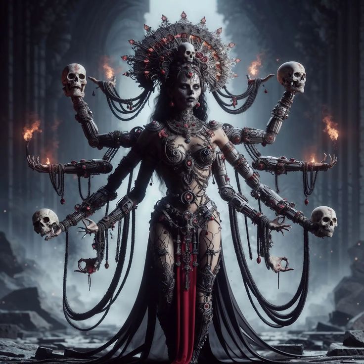 a woman with skulls on her head and arms in front of an image of fire