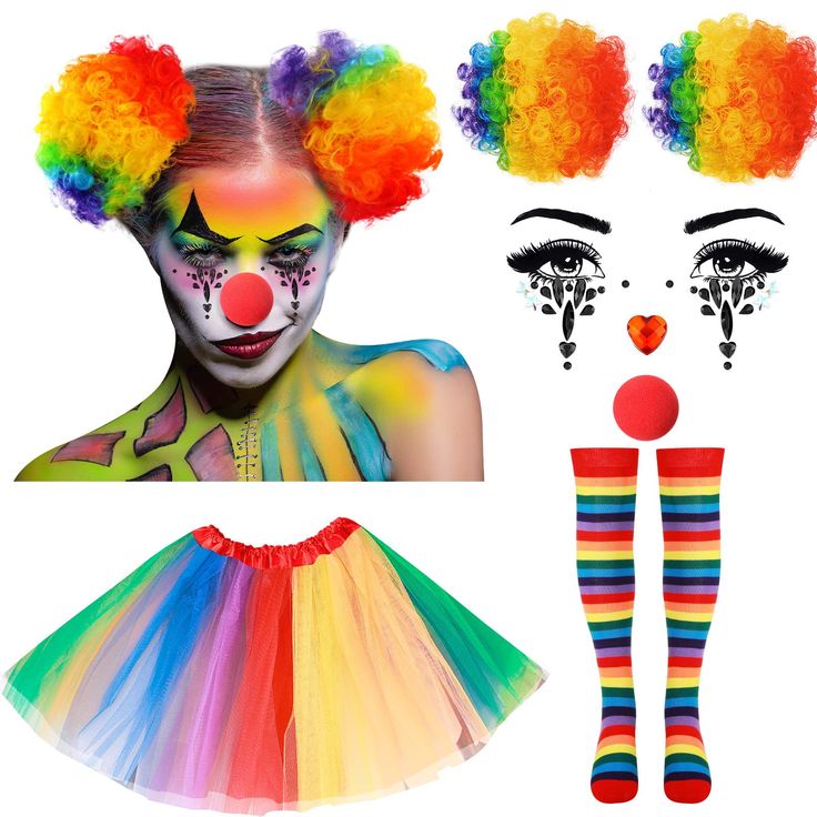 PRICES MAY VARY. Package Includes: you will receive 2 clown wigs, 1 tutu skirt, 1 sheet clown face jewels, 1 pair of thin tube socks, and 1 red clown nose, complete combination to meet your Mardi Gras clown cosplay demands Quality Material: the clown hair clip on puff buns are made of reliable PET material, suitable for most face shape; The tutu skirt and stockings are made of polyester fiber, and the red clown nose is made of sponge, serviceable and sturdy, you can use them with confidence Adju Colorful Clown Costumes, Homemade Halloween Costumes For Adults, Clown Costume For Women, Cute Clown Costume, Mermaid Festival, Rodeo Clown, Clown Hair, Clown Cosplay, Clown Accessories