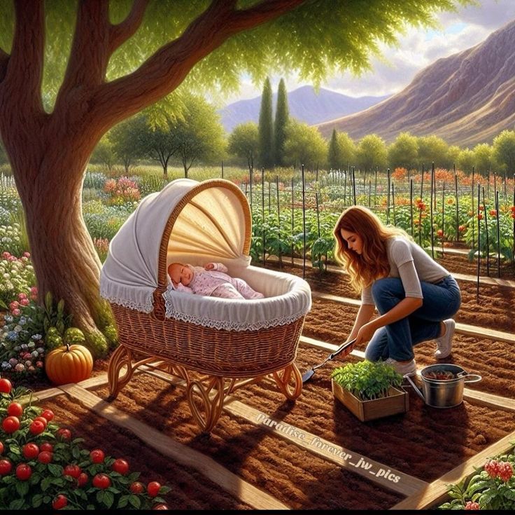 a painting of a woman tending to a baby in a stroller next to a garden