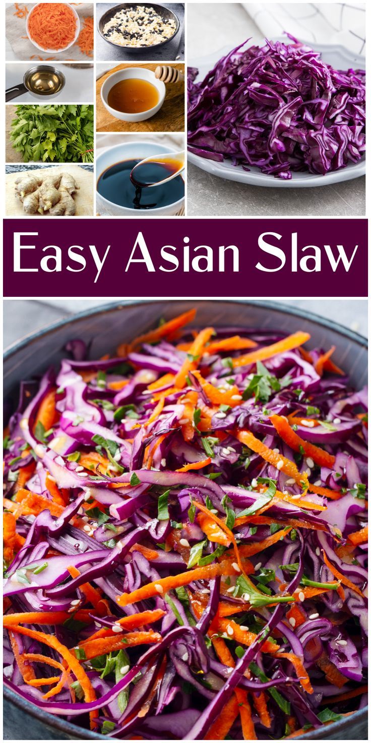 Red Cabbage Asian Slaw, Carrot Slaw Recipe Cider Vinegar, Asian Slaw With Sesame Ginger Dressing, Korean Slaw Recipes, Cabbage Carrot Slaw, Asian Cabbage Slaw, Pickled Slaw, Purple Cabbage Recipes, Cold Slaw